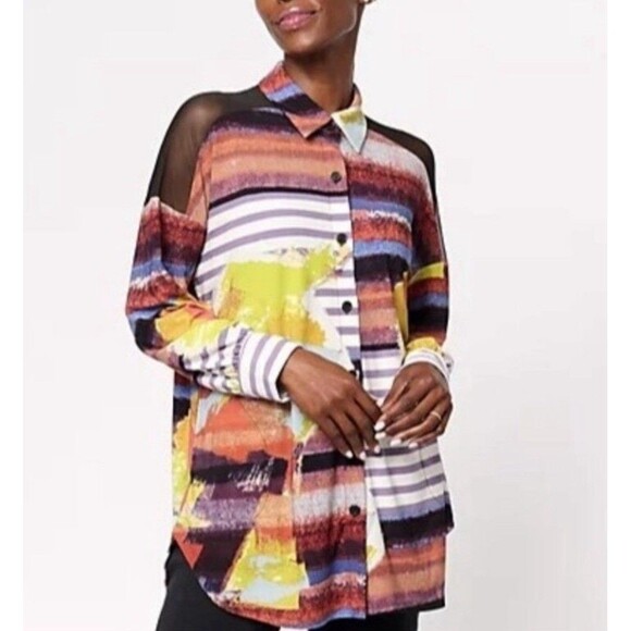 Attitudes by Renee Como Jersey Mesh Shoulder Top Plus Size 3X Printed Tee Shirt - Picture 1 of 16